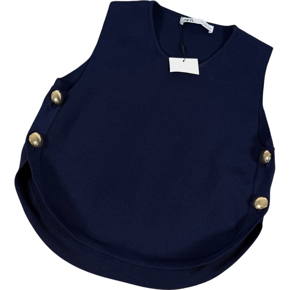 Zara Womens Small NWT Navy Blue Knit Sleeveless Vest‎ Top Gold Side Buttons S